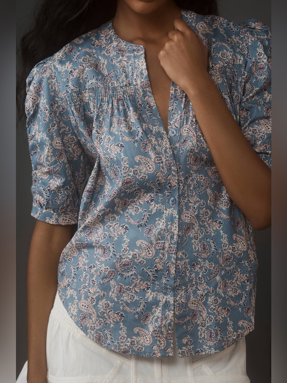 Anthropologie Bishop + Young Rachel Paisley Cotton Blouse Ruched Sleeve Medium - Picture 4 of 9